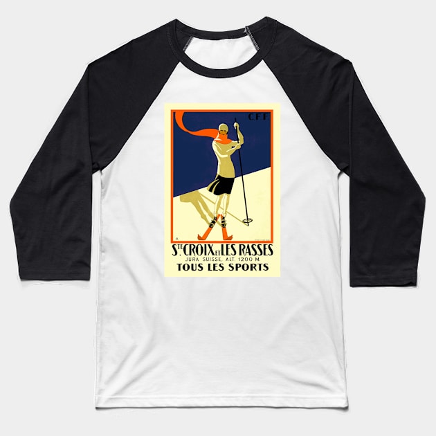 Vintage Swiss Skiing Travel Poster - Ste. Croix et Les Rasses Baseball T-Shirt by Naves